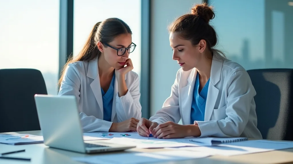 Nurse staffing coordinators comparing different staffing agencies using reports and laptops.