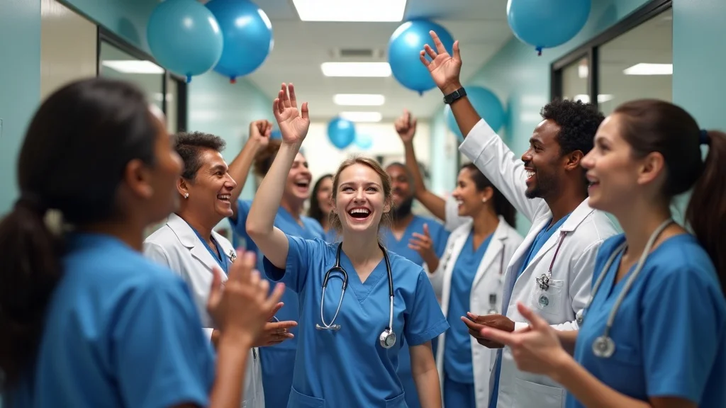 Diverse healthcare team celebrating successful direct hire placements, a moment of camaraderie and new beginnings in healthcare recruiting.