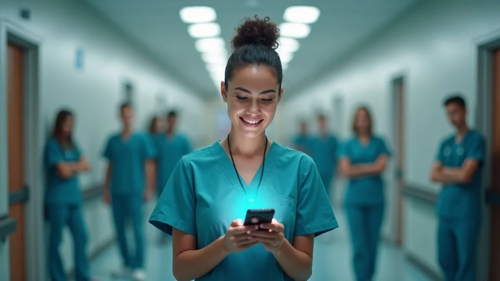 Confident nurse reviewing last minute nurse staffing app for open shifts