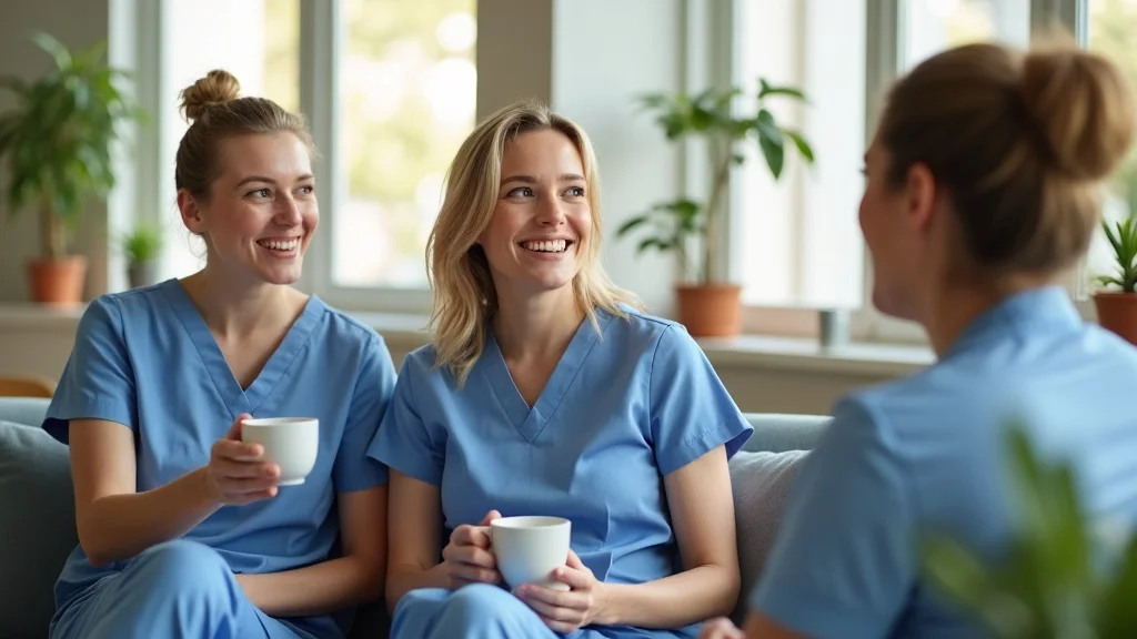Smiling nurse team relaxed and happy after improved staffing coverage from a per diem nurse staffing agency.