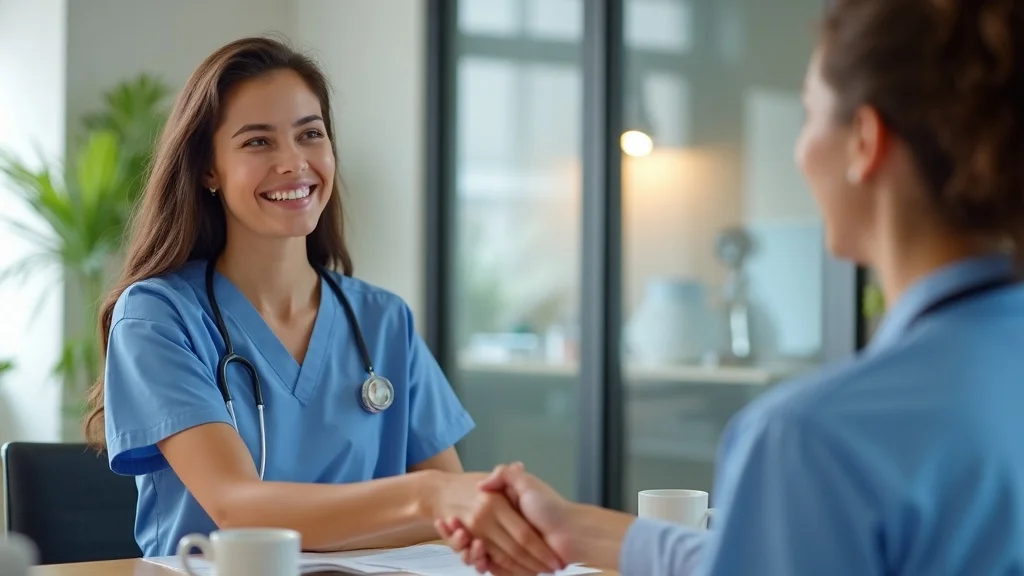 smiling nurse and staffing recruiter medical staffing agency interaction