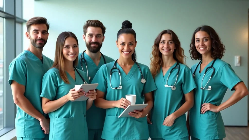 Diverse team of nurses and a recruiter discussing nurse staffing and staffing solutions for healthcare facilities.