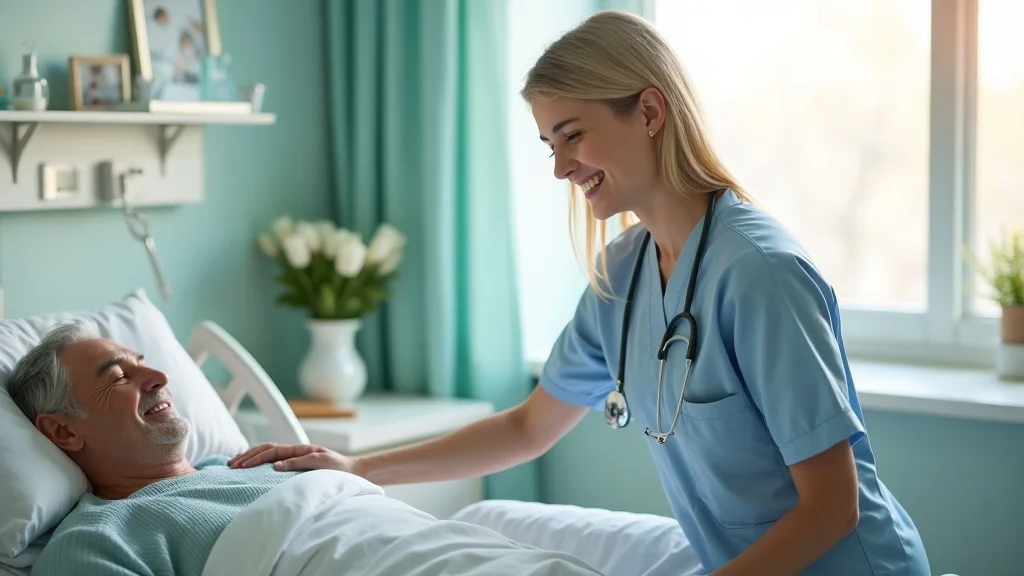 Smiling nurse providing compassionate care in a healthcare facility using contract nurse staffing services.