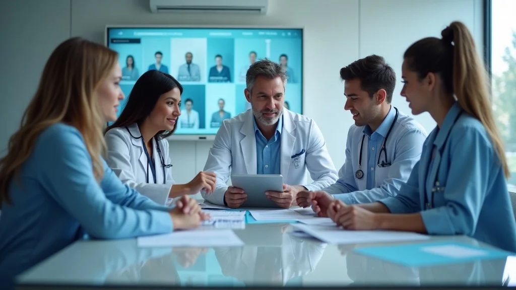 A healthcare recruitment team and hospital HR staff collaborating to fill roles, illustrating the role of direct hire healthcare recruiters in a modern hospital HR setting. Blue and white decor, natural lighting.