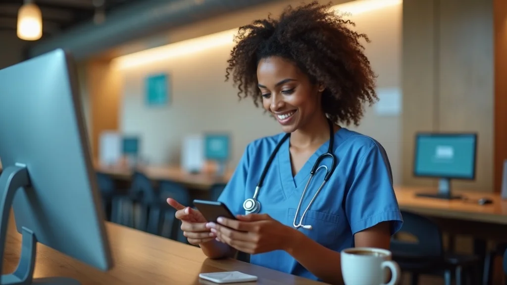 Per diem nurse using mobile staffing app to pick up shifts and coordinate with healthcare facility.