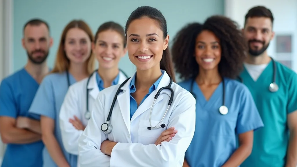 Allied health professionals including physical therapists, respiratory therapists, medical technologists, and pharmacy techs in a collaborative hospital setting.