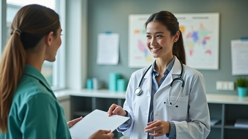 Healthcare recruitment onboarding process for direct hire, a new physician guided through orientation in a busy staff lounge, representing how recruiters assist organizations.