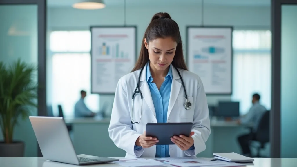 temporary medical staffing agency hospital administrator reviewing staffing schedule in a modern healthcare office