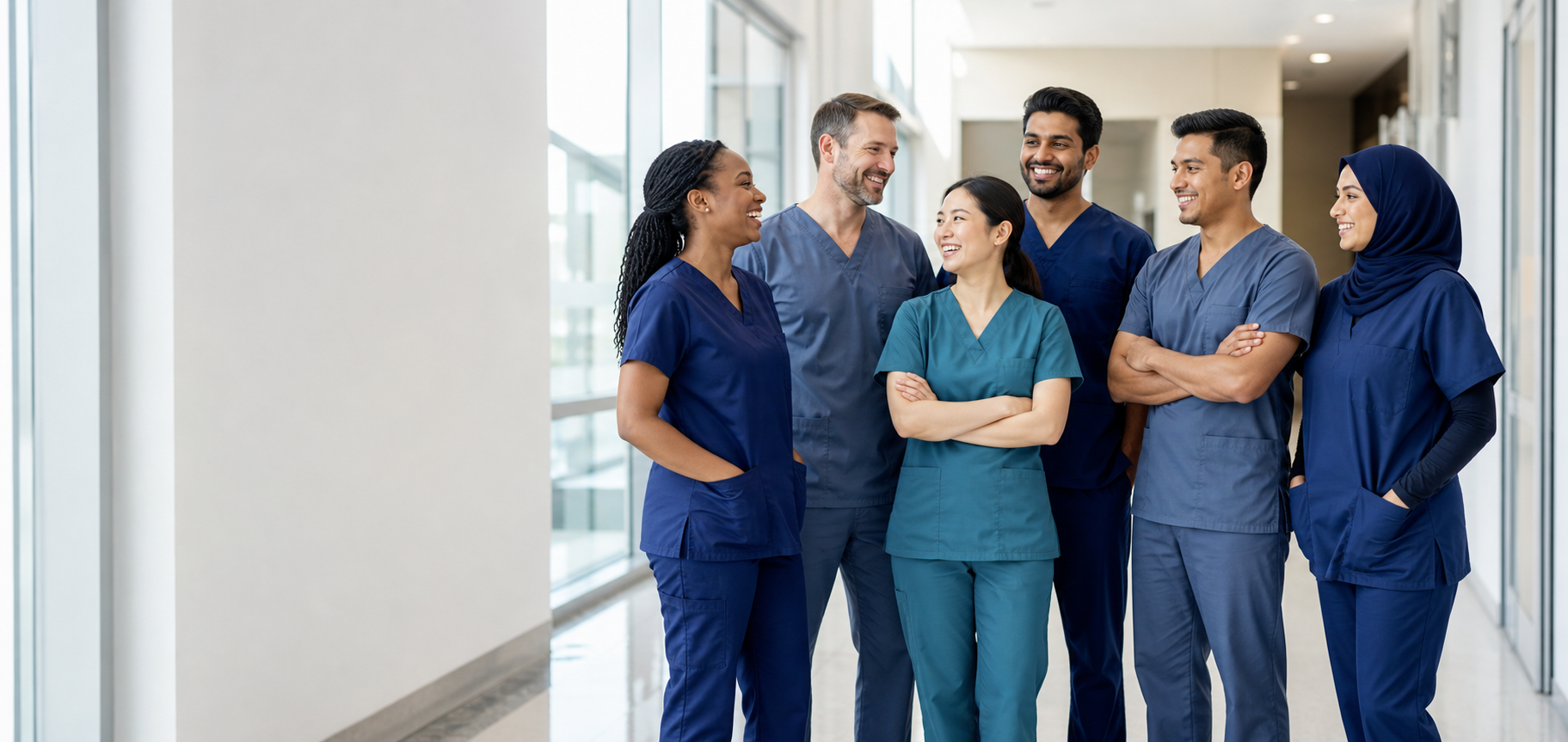 A diverse team of nursing professionals in a bright healthcare facility