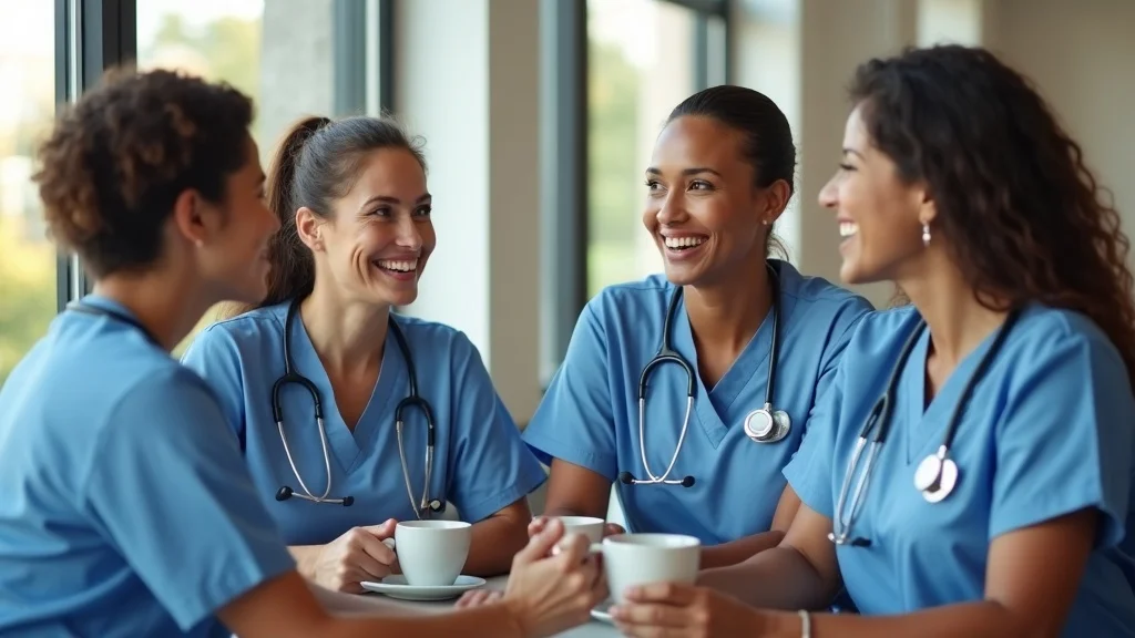 Empowered group of diverse nurses discussing last minute nurse staffing solutions and benefits