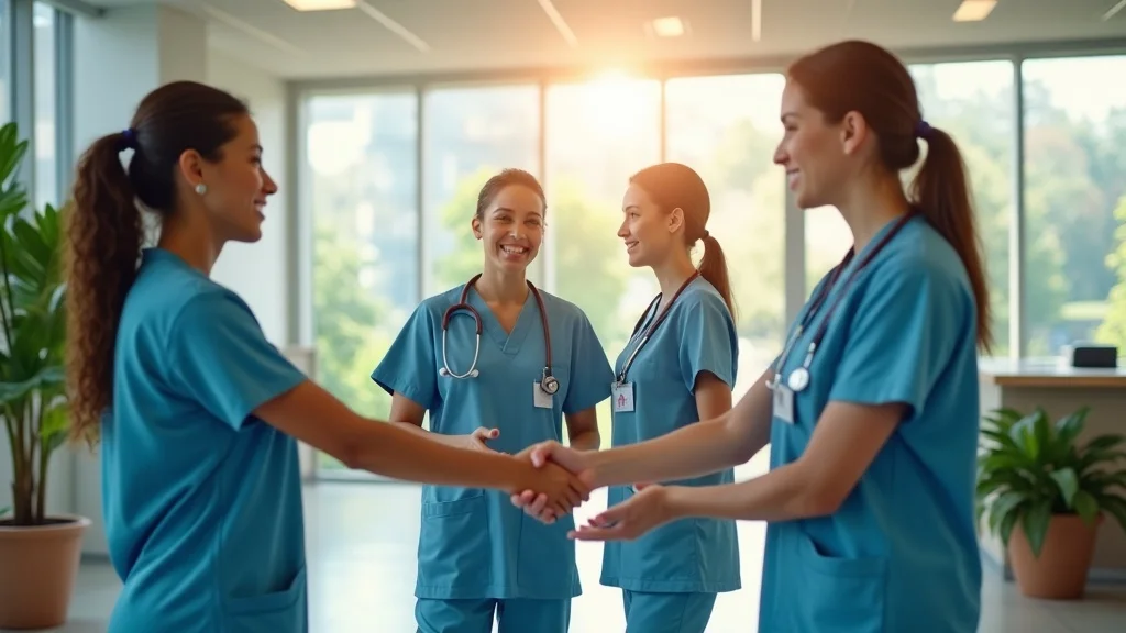 Hopeful hospital staff onboarding with direct hire healthcare recruiters, new professionals welcomed in a lively hospital lobby, healthcare recruitment in action.