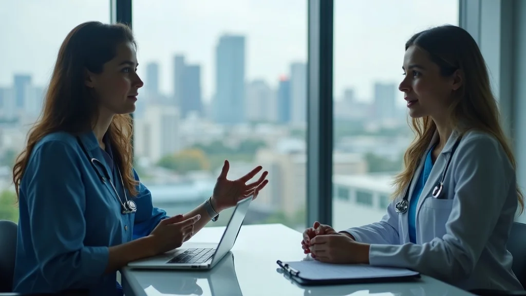 Direct hire healthcare recruiter assessing a nurse applicant for medical staffing, detailed candidate interview representing healthcare recruitment process in a modern facility.