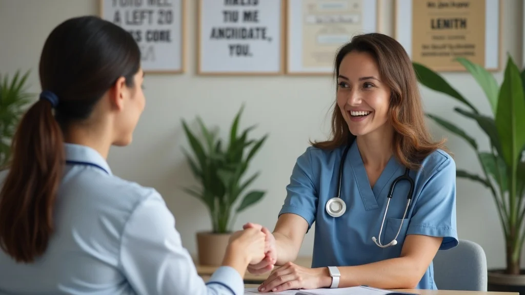 Recruiting consultant and nurse candidate shaking hands as part of the staffing service hiring process.