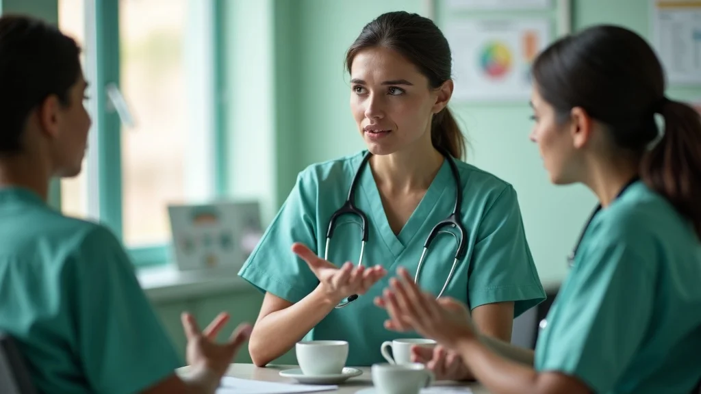 Concerned nurse manager discussing last minute nurse staffing solutions with team